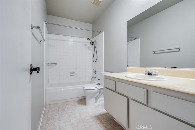 full bathroom with toilet, visible vents, shower / washtub combination, and vanity