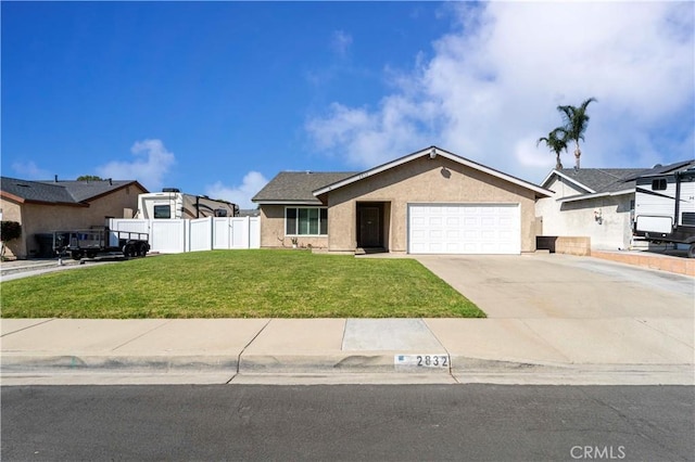 ranch-style home with an attached garage, fence, concrete driveway, stucco siding, and a front yard