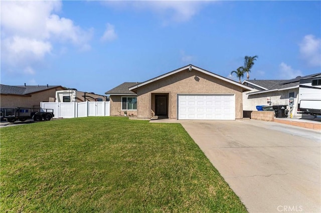 single story home featuring stucco siding, concrete driveway, a front yard, fence, and a garage