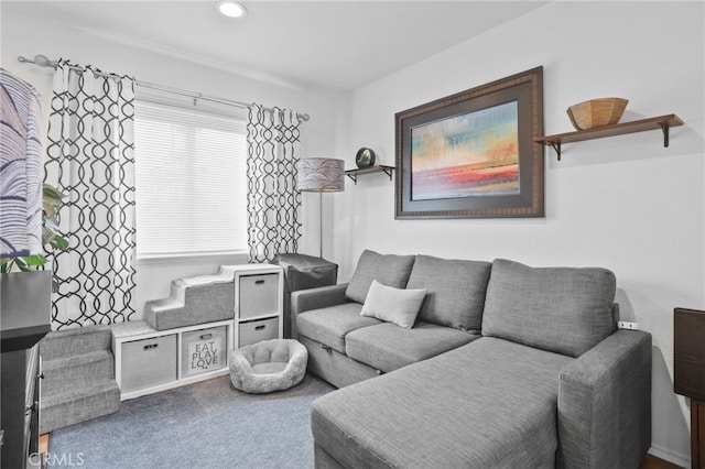 carpeted living room with recessed lighting