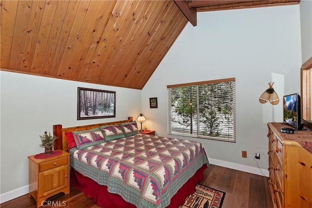 bedroom with high vaulted ceiling, dark wood-type flooring, wooden ceiling, and baseboards