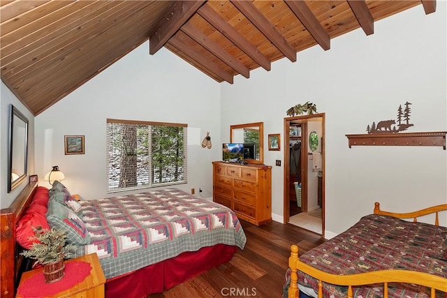 bedroom featuring high vaulted ceiling, wood finished floors, wood ceiling, baseboards, and beamed ceiling