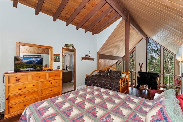 bedroom featuring high vaulted ceiling, beamed ceiling, and wood ceiling