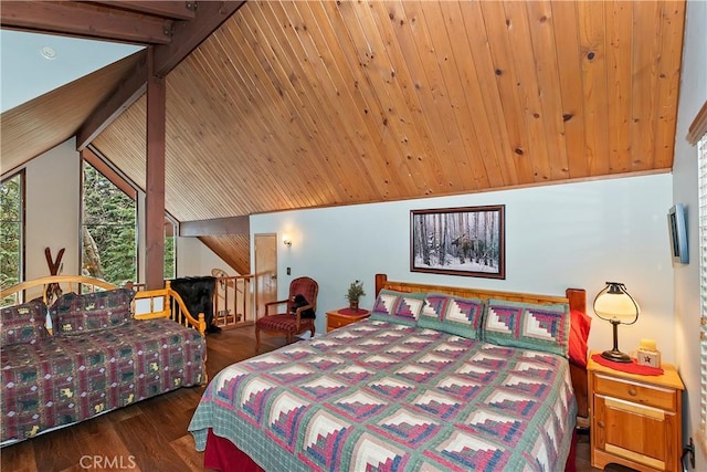 bedroom with vaulted ceiling with beams, wood ceiling, and wood finished floors