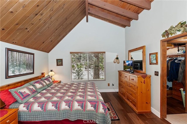 bedroom with high vaulted ceiling, wood finished floors, wood ceiling, baseboards, and beam ceiling