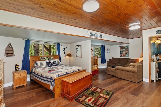 bedroom featuring wood ceiling, baseboards, and wood finished floors