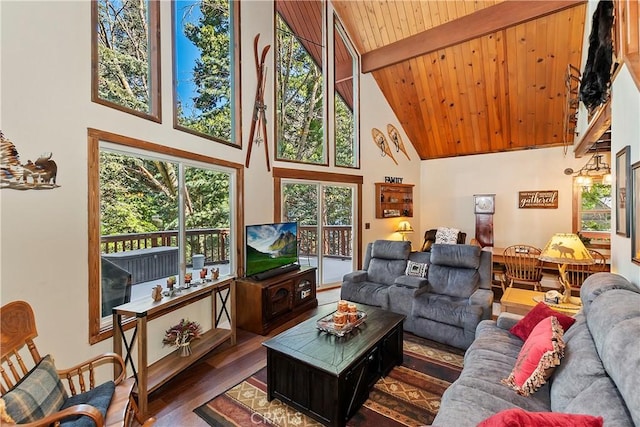 living room featuring high vaulted ceiling, wood ceiling, beam ceiling, and wood finished floors