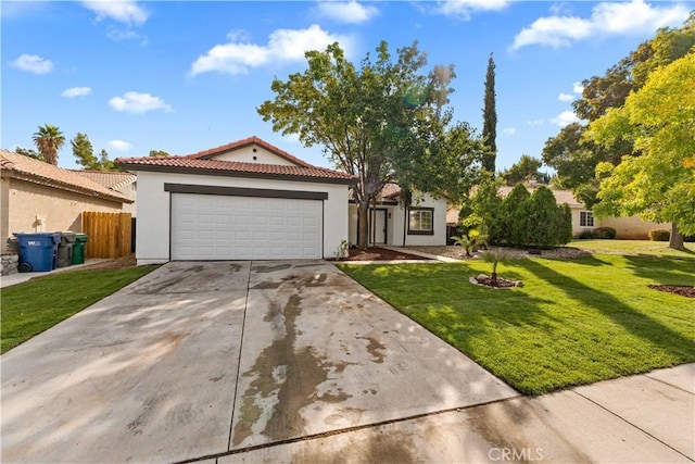 view of front facade featuring stucco siding, an attached garage, driveway, a tiled roof, and a front lawn