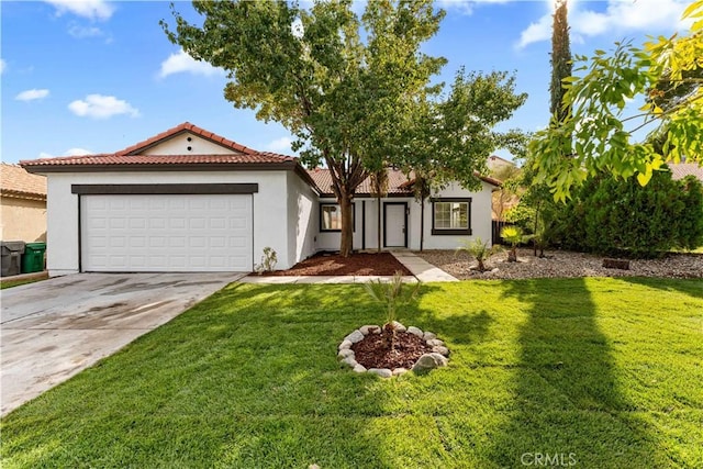 view of front of house with an attached garage, driveway, a front lawn, and stucco siding