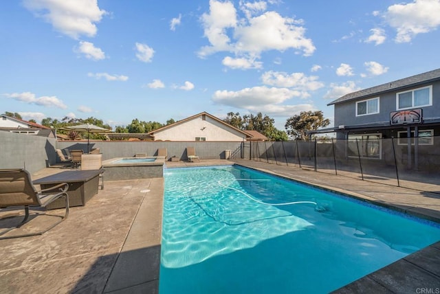 view of swimming pool with a patio area, a fenced backyard, a fenced in pool, and an in ground hot tub