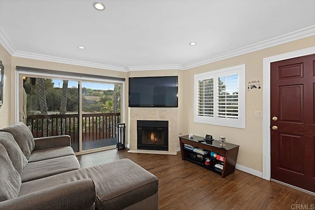 living area with a tile fireplace, wood finished floors, and a wealth of natural light