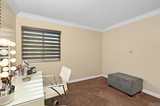 carpeted office with crown molding and baseboards