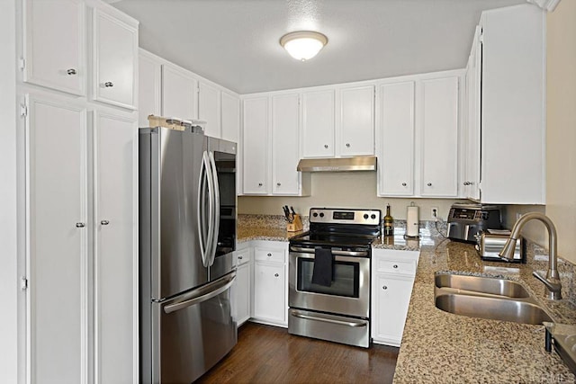 kitchen with white cabinets, light stone counters, appliances with stainless steel finishes, under cabinet range hood, and a sink