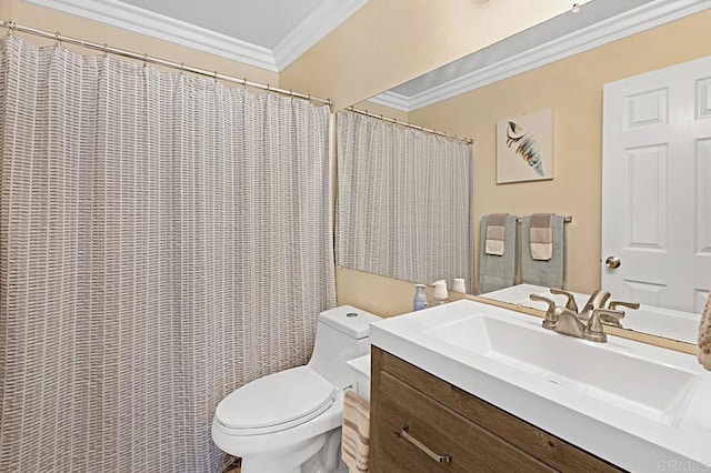 full bath with toilet, ornamental molding, and vanity