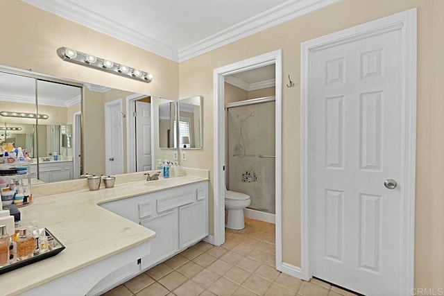 bathroom with ornamental molding, tile patterned flooring, a shower stall, and vanity