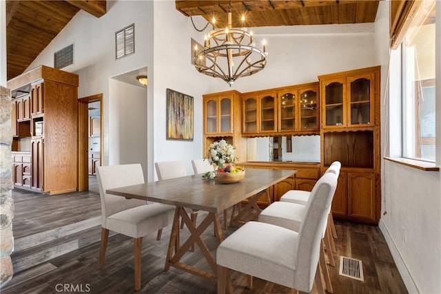 dining area with beamed ceiling, wooden ceiling, and visible vents