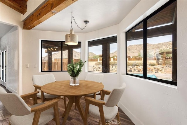 dining area featuring a wealth of natural light, wood finished floors, a mountain view, and baseboards