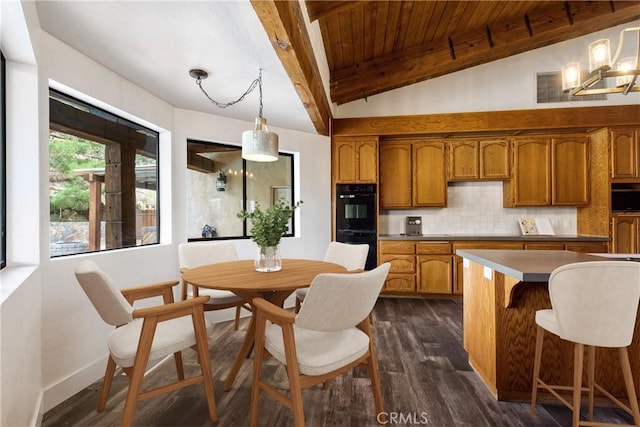 kitchen with lofted ceiling with beams, dobule oven black, dark wood-style flooring, backsplash, and brown cabinetry