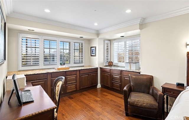 office space with recessed lighting, dark wood finished floors, and ornamental molding