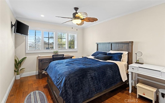 bedroom with a ceiling fan, baseboards, recessed lighting, dark wood-style flooring, and crown molding