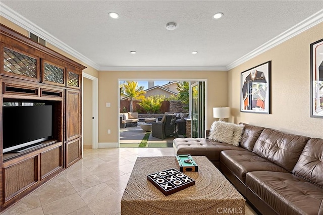 living area with baseboards, ornamental molding, recessed lighting, light tile patterned flooring, and a textured ceiling