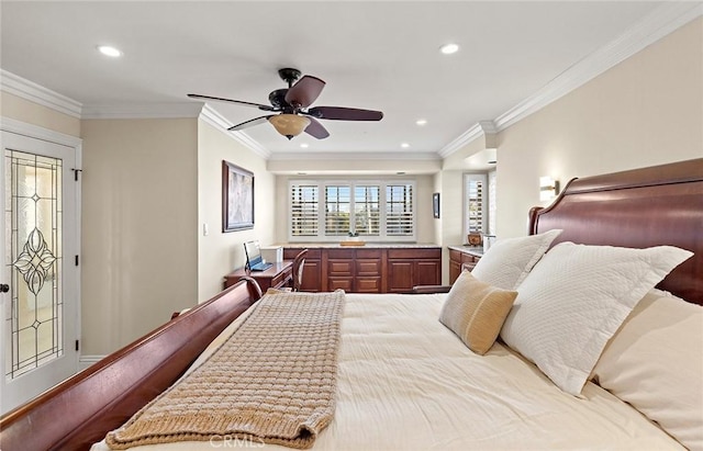 bedroom with ceiling fan, recessed lighting, and ornamental molding