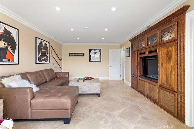 living room featuring stairway, recessed lighting, baseboards, and ornamental molding