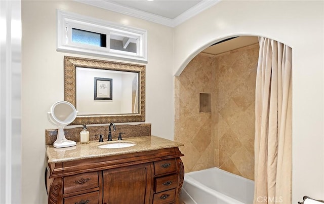 full bath featuring vanity, shower / tub combo, and ornamental molding