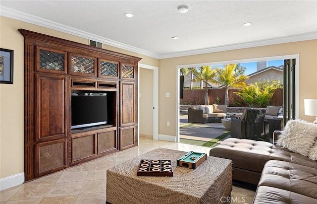 living room featuring light tile patterned flooring, recessed lighting, crown molding, and baseboards