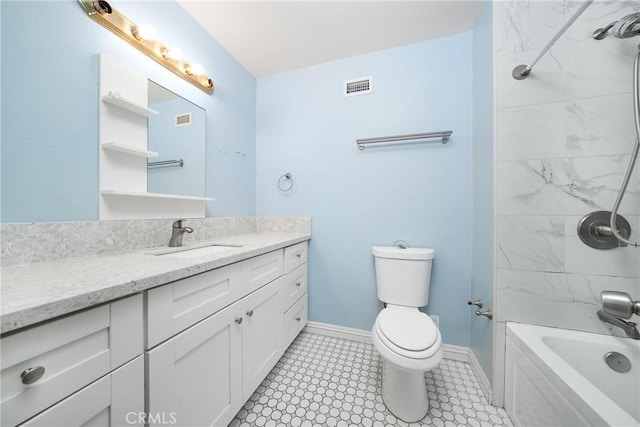 full bathroom with visible vents, toilet, vanity,  shower combination, and baseboards