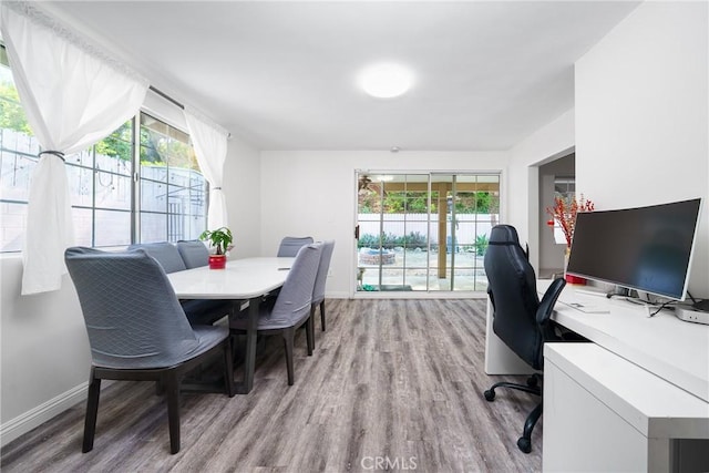 dining space featuring light wood-type flooring, a wealth of natural light, and baseboards