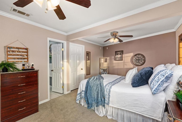 bedroom featuring visible vents, ornamental molding, carpet, baseboards, and ceiling fan