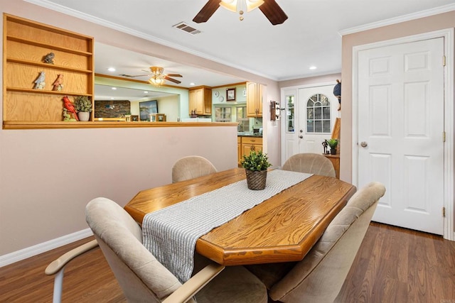 dining area with visible vents, ornamental molding, wood finished floors, recessed lighting, and baseboards