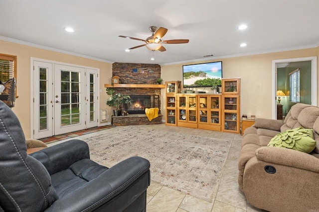 tiled living room with recessed lighting, a fireplace, and crown molding