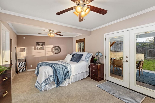 bedroom with ceiling fan, ornamental molding, light carpet, french doors, and access to outside