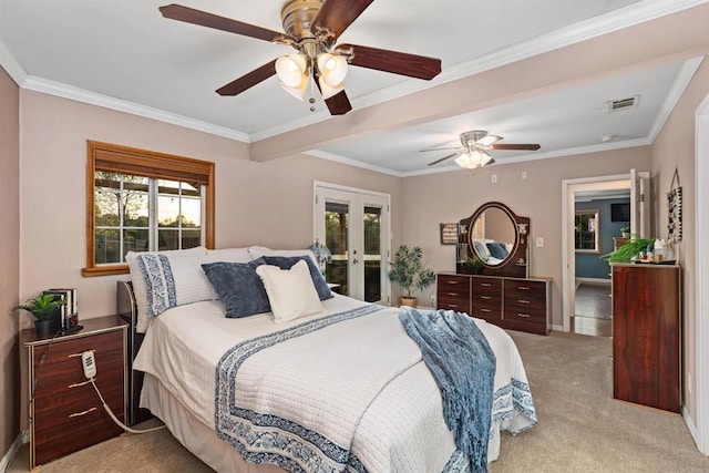 carpeted bedroom with crown molding, access to outside, french doors, and visible vents