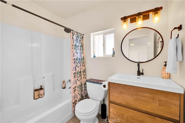 full bathroom featuring toilet, shower / bath combo, and vanity