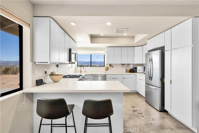 kitchen featuring a raised ceiling, visible vents, appliances with stainless steel finishes, concrete floors, and a peninsula