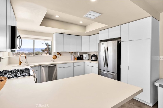 kitchen featuring appliances with stainless steel finishes, a raised ceiling, visible vents, and a sink