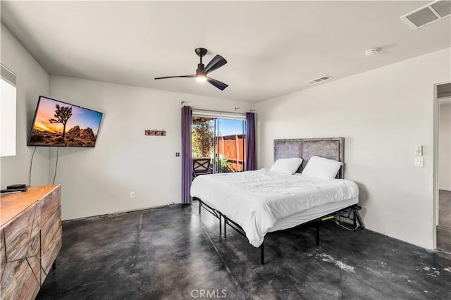 bedroom with ceiling fan, concrete floors, visible vents, and access to exterior