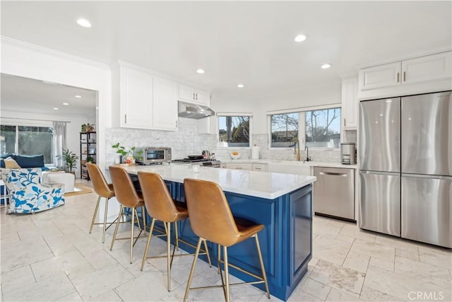 kitchen featuring decorative backsplash, appliances with stainless steel finishes, light countertops, under cabinet range hood, and white cabinetry