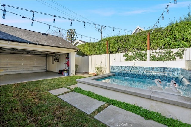 view of pool featuring a patio, a lawn, a fenced backyard, and a fenced in pool