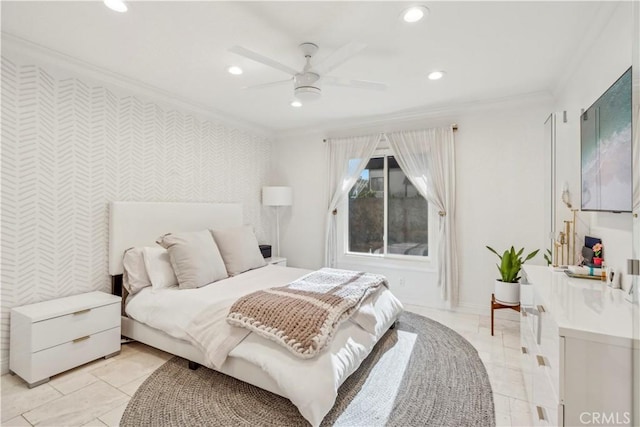 bedroom with baseboards, an accent wall, recessed lighting, and crown molding