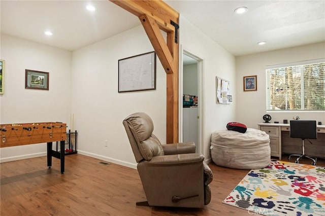 game room featuring visible vents, baseboards, wood finished floors, and recessed lighting