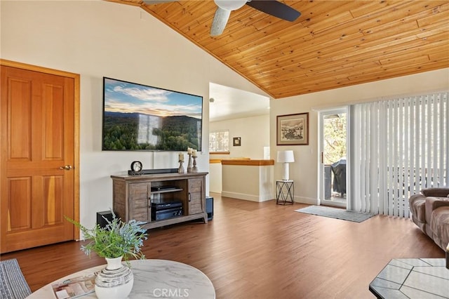 living area featuring ceiling fan, high vaulted ceiling, wood finished floors, wood ceiling, and baseboards