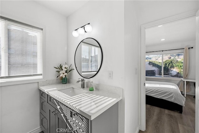 bathroom featuring baseboards, wood finished floors, and vanity