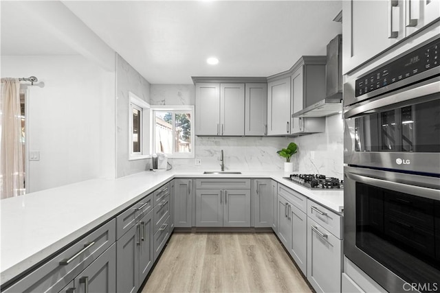 kitchen featuring stainless steel appliances, tasteful backsplash, gray cabinets, a sink, and wall chimney range hood