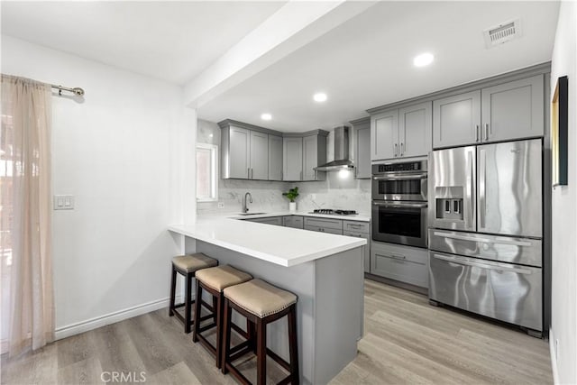 kitchen featuring wall chimney exhaust hood, a peninsula, stainless steel appliances, gray cabinetry, and a kitchen bar