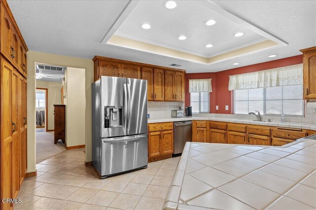 kitchen featuring backsplash, a tray ceiling, stainless steel appliances, and a sink