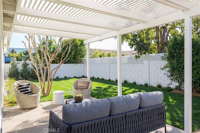 view of patio / terrace featuring an outdoor hangout area, a fenced backyard, and a pergola